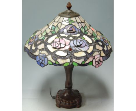 Bronzed metal Tiffany style table lamp with coloured glass shade, and one other similar (2) Condition Report / Extra Informat