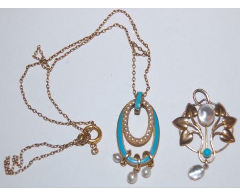A yellow metal turquoise enamel and seed pearl set pendant on finelink chain; and a 9ct gold pearl and turquoise set openwork