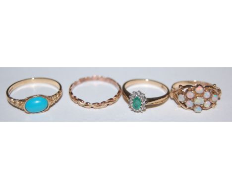 A modern 9ct gold opal set dress ring, small emerald and diamond point ring, 9ct cabochon turquoise set ring, and a 9ct and e