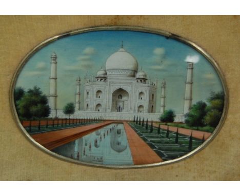 An Indian portrait miniature watercolour on ivory depicting the Taj Mahal and in fitted silk lined leather case