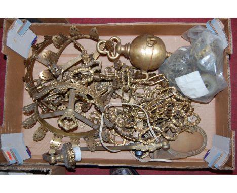 A box of assorted gilt metal light fittings to include; ceiling pendants etc 