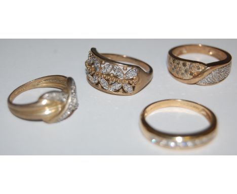 Three ladies modern 9ct gold and diamond point set dress rings, and one 14ct gold and white sapphire half eternity ring (4) C