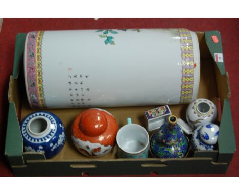 Mixed oriental ceramics to include a Chinese cylindrical stick stand (a/f), Chinese cloisonnel enamel double gourd vase, bowl