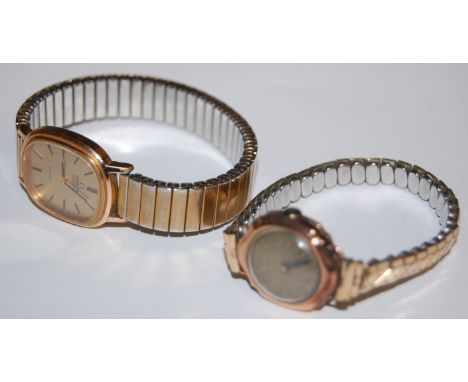 A ladies 9ct gold cased wristwatch with manual wind movement and a ladies Omega Deville quartz wrist watch (a/f) (2)