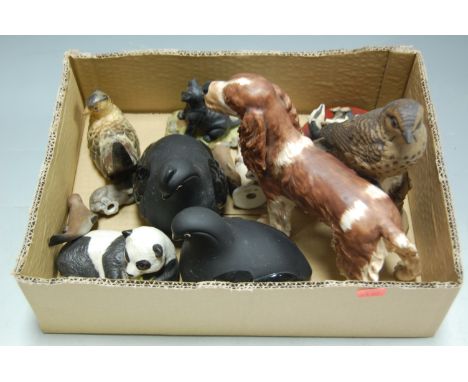 A collection of animal ornaments to include; Goebel spaniel, pair of Japanese quail, Teviotdale Labrador etc  