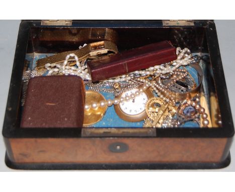 A figured walnut box and assorted contents of costume jewellery, ladies Rotary wristwatch etc