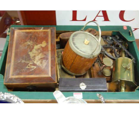 Assorted metalware to include; clockwork roasting jack, cribbage board, postal scales, 19th century mahogany fitted needlewor