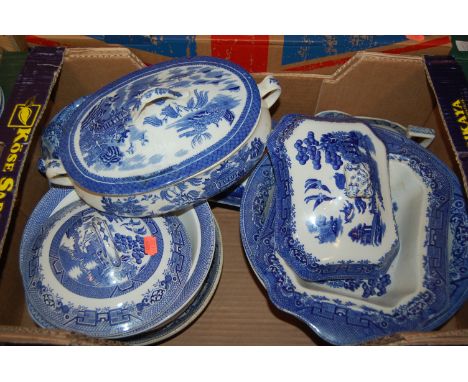 Three boxes of late 19th century and later blue & white transfer printed table wares to include Royal Worcester, Hanley ware 