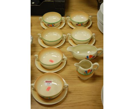 A set of six Clarice Cliff Spring Crocus pattern dessert bowls on stands, with sauceboat and cream jug, Newport Pottery backs