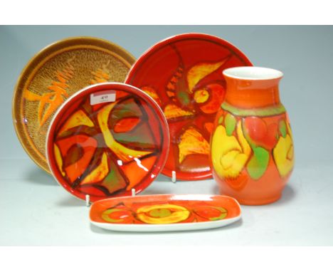 A quantity of 1960s Poole Pottery wares each decorated in bright colours to include vase, bowl, plates etc (5)