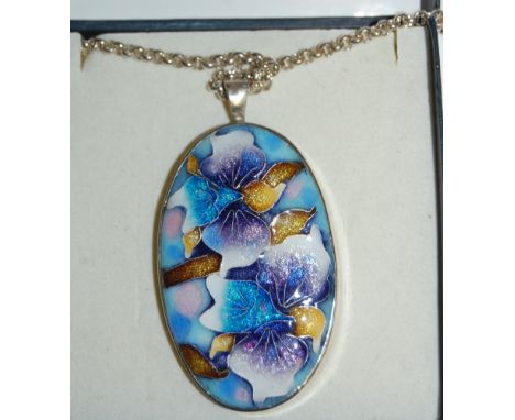 A Norwegian sterling silver and guilloche enamel pendant on neck chain by Bernard Meldahl, with London import marks for circa