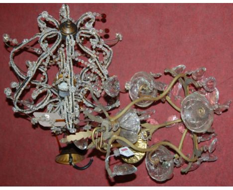 A gilt metal four light ceiling pendant with faceted cut glass drops and one other later example (2)