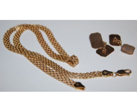 A pair of gents 9ct gold engine turned cufflinks and a 9ct gold mesh link necklace (2) gross weight 11.1g