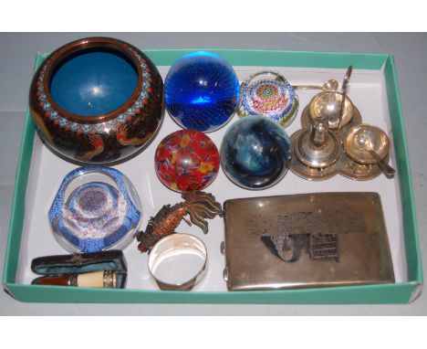 Mixed lot to include glass paperweights, cloisonne enamel bowl, silver  tipped and amber cheroot holder, niello decorated poc