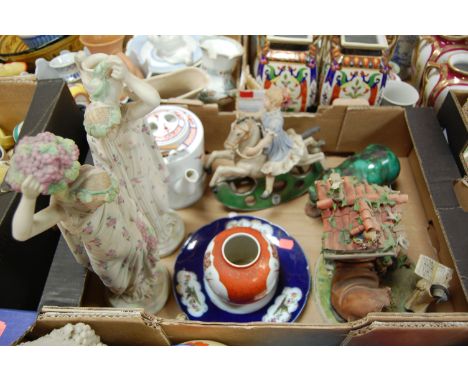 A box of ceramic ornaments to include; Capo di Monte rocking horse, pair of Classical Greek style figures etc 