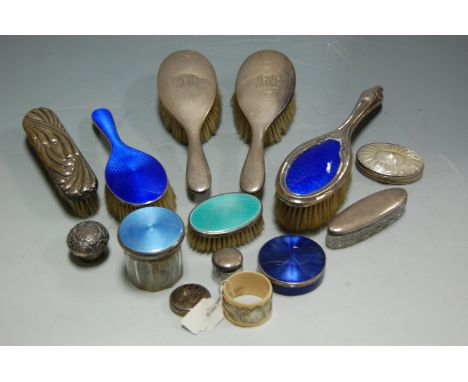 Assorted silver and silver and enamel backed dressing table wares to include; brushes, hair-tidy, etc 