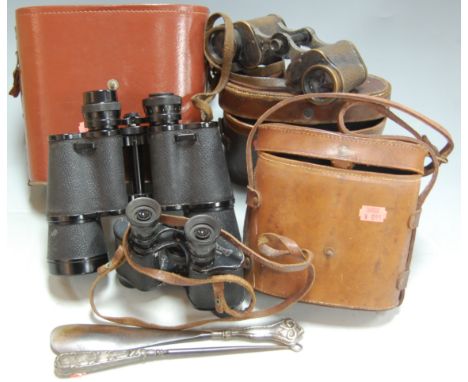 Three pairs of cased field binoculars to include Carl Zeiss and Jena; together with a silver mounted shoe horn and button hoo
