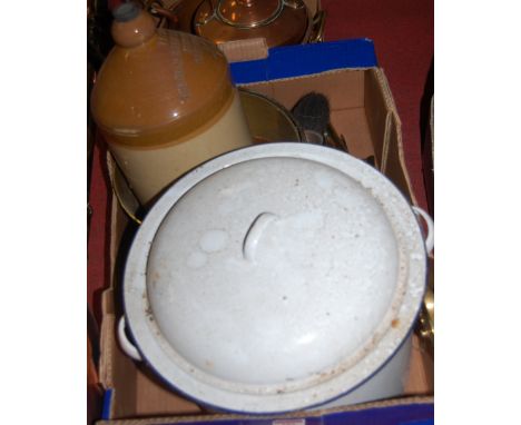 Mixed lot to include; enamel bread-bin, brass companion wares, salt glazed stoneware flagon, brass jam pan etc  