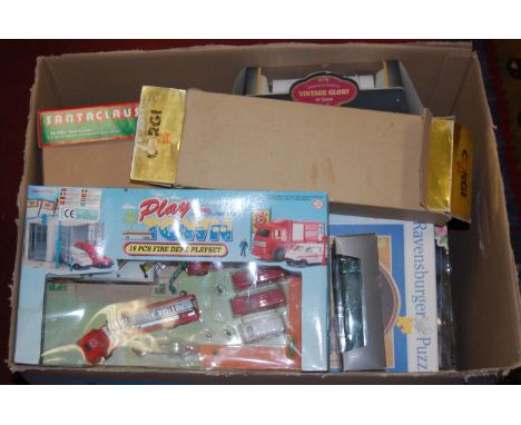 Two boxes of childrens toys to include; Japanese tinplate, cased Corgi diecast etc 