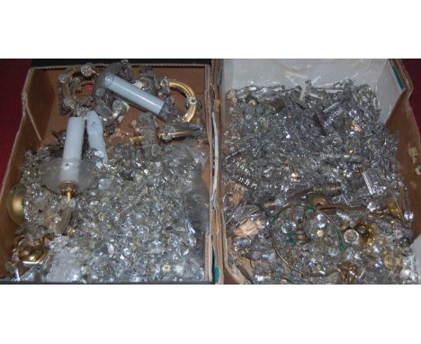 Two boxes containing assorted light fittings including wall lights, ceiling pendants, various faceted cut glass drops, lustre