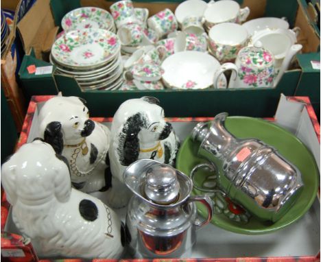 Two boxes of mixed chinaware to include; Staffordshire dogs, part Crown Staffordshire tea service, Edwardian oak serving tray