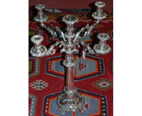 A late 19th century well carved silver plate five light candelabrum of good size, height 61cm