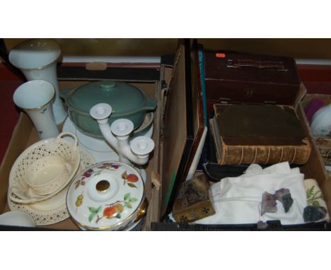 Two boxes of sundries to include assorted volumes, Leeds Pottery creamware basket on stand, Royal Worcester Evesham pattern t