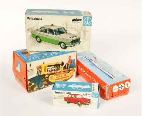   Anker + MS, Trabant, Polizeiauto, Raupenschlepper + KLM, DDR, Blech, Okt, Z 1-2        Anker + MS, Trabant, Policecar, Craw