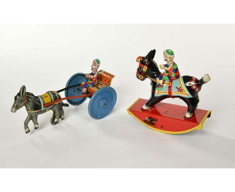   Gama, Schaukelreiter + Eselskutsche, Germany, 15 + 22 cm, Blech, Antrieb ok, min. LM, Z 1-2        Gama, Swing Rider + Donk