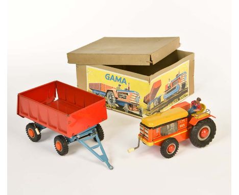   Gama, Traktor mit Anhänger, W.-Germany, 40 cm,  Blech, Kurbelantrieb ok, min. LM, Okt, Z 2+        Gama, Tractor with Trail