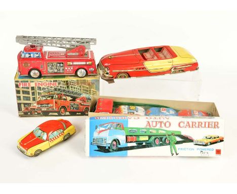   Auto Carrier, Feuerwehr + Fahrzeuge, Japan u.a., 15-31 cm, Blech, 1x unvollständig, sonst sehr guter Zustand        Car Car