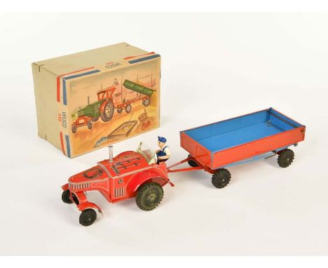   Wüco, Traktor mit Anhänger 530, W.-Germany, 30 cm, Blech, Friktion ok, Okt Z 1, Z 1        Wüco, Tractor with Trailer 530, 