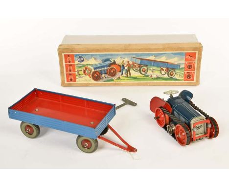   Gescha, Raupenschlepper + Anhänger, US Z. Germany, 37 cm, Blech, UW ok, Box restauriert, Z 2/2-        Gescha, Crawler Trac