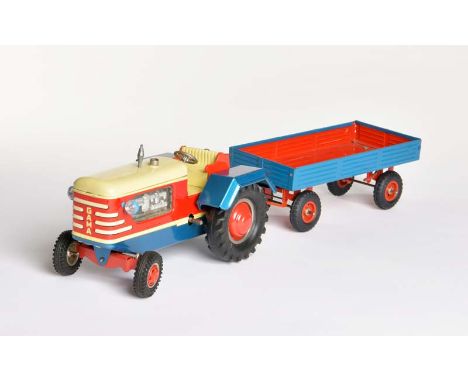   Gama, Traktor + Anhänger 800/0/10, W.-Germany, 46 cm, Blech, UW schwergängig, Z 1        Gama, Tractor + Trailer 800/0/10, 