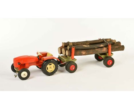   Steiff, Traktor mit Holzanhänger, W.-Germany, 24 + 45 cm, GemBw, LM, Schild lose, Z 2+        Steiff, Tractor with Wooden T
