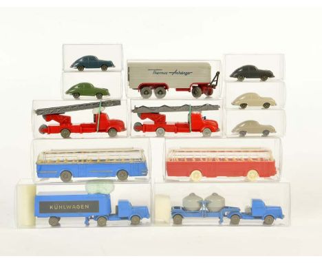   Wiking, 12 unverglaste LKW, Busse + Porsche, W.-Germany, 1:87, Kst, Z 1        Wiking, 12 unglazed Trucks, Busses + Porsche