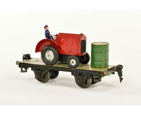  Märklin, Plattformwagen mit Traktor + Ölfass, Germany VK, Spur 0, min. LM, Z 2-        Märklin, Flatcar with Tractor + Oil 