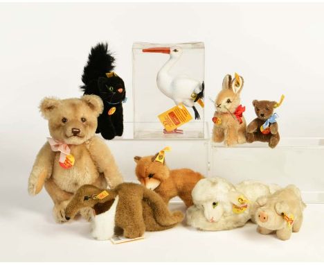   Steiff, Konvolut Tiere, 10-22 cm, alle mit Schild + Fahne, Z 1        Steiff, Bundle Animals, all with sign + flag, C 1    