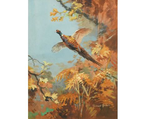 § Roland Green (1890-1972) 
Pheasant in flightsigned 'Roland Green' (lower right)gouache on paper37 x 28cm

Framed 54 x 45cm
