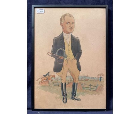 Four pictures of hunting interest, including a watercolour of a huntsman with a whip signed by P C Priestley and dated 1940, 