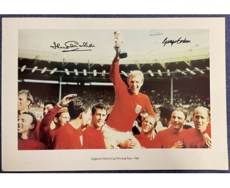 England 1966 World Cup Heroes Jack Charlton and George Cohen signed 20x14 inch colour print pictured celebrating after the 19