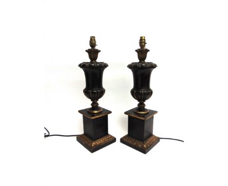 A PAIR OF TABLE LAMP BASES  with parcel gilt decoration, 49cm high (excluding electrical fittings) Provenance: reputedly form