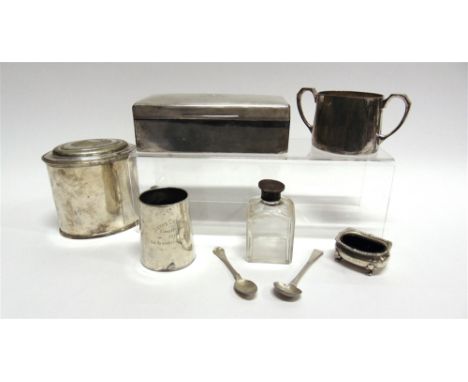 A SILVER WOODEN LINED CIGARETTE BOX  17.5cm long; with a silver christening mug; a silver salt; a silver coffee spoon; a Vict