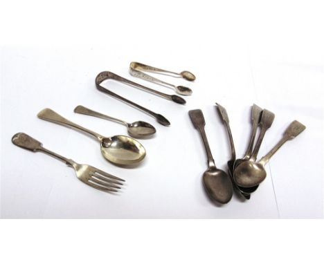 A COLLECTION OF SILVER FLATWARE comprising six teaspoons, a dessert spoon, a dessert fork, and two tongs, 235g (7.5 troy ozs)