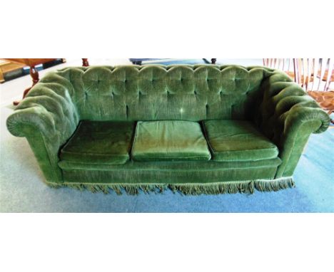 A GREEN BUTTON UPHOLSTERED THREE SEATER CHESTERFIELD SOFA  220cm wide 87cm deep 75cm high