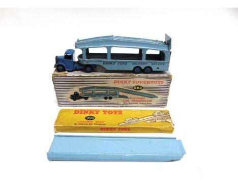 A DINKY NO.982, BEDFORD PULLMORE CAR TRANSPORTER  with a mid blue tractor and pale blue trailer with matching decks, mid blue
