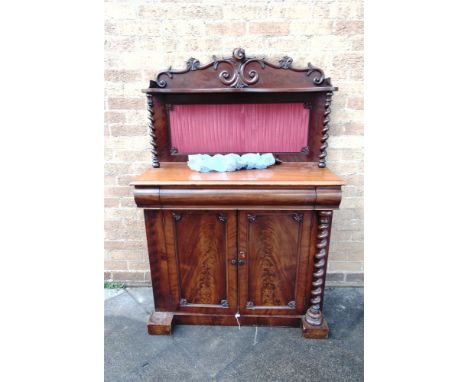 A VICTORIAN MAHOGANY CHIFFONIER with single drawer and cupboard under, the backrest with an inset pleated fabric panel the sh