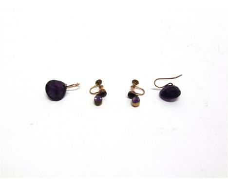 A PAIR OF LARGE FACETTED AMETHYST DROP EARRINGS  with a pair of amethyst drop earrings to screw fittings 