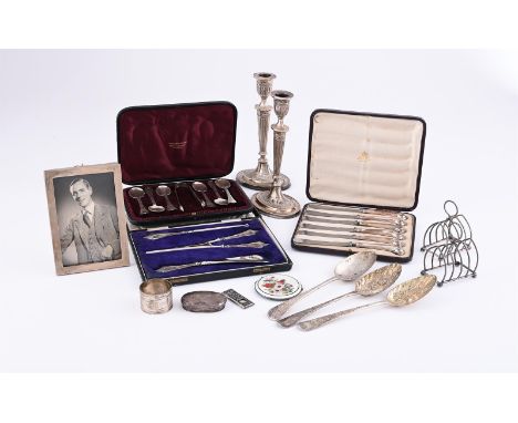 A COLLECTION OF SILVER ITEMS To include: a pair of George III table spoons by George Wintle, London 1799, later embossed as b