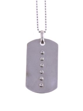 
	
		AN ITALIAN SILVER COLOURED DIAMOND DOG TAG
		The polished panel set with a central row of brilliant cut diamonds, stampe